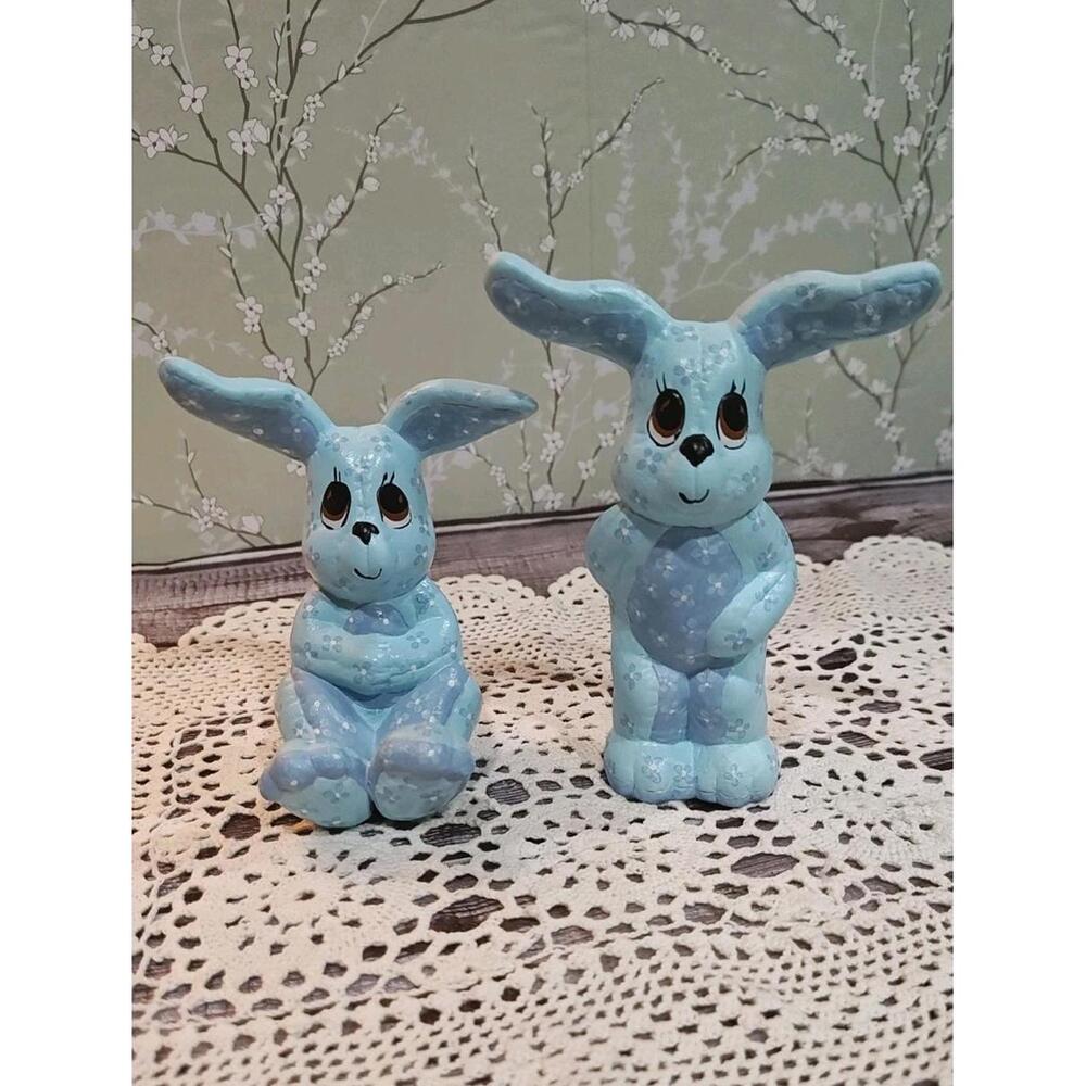Vintage Easter Bunny Hand Painted Ceramic Blue Quilted Sitting Standing Figurine